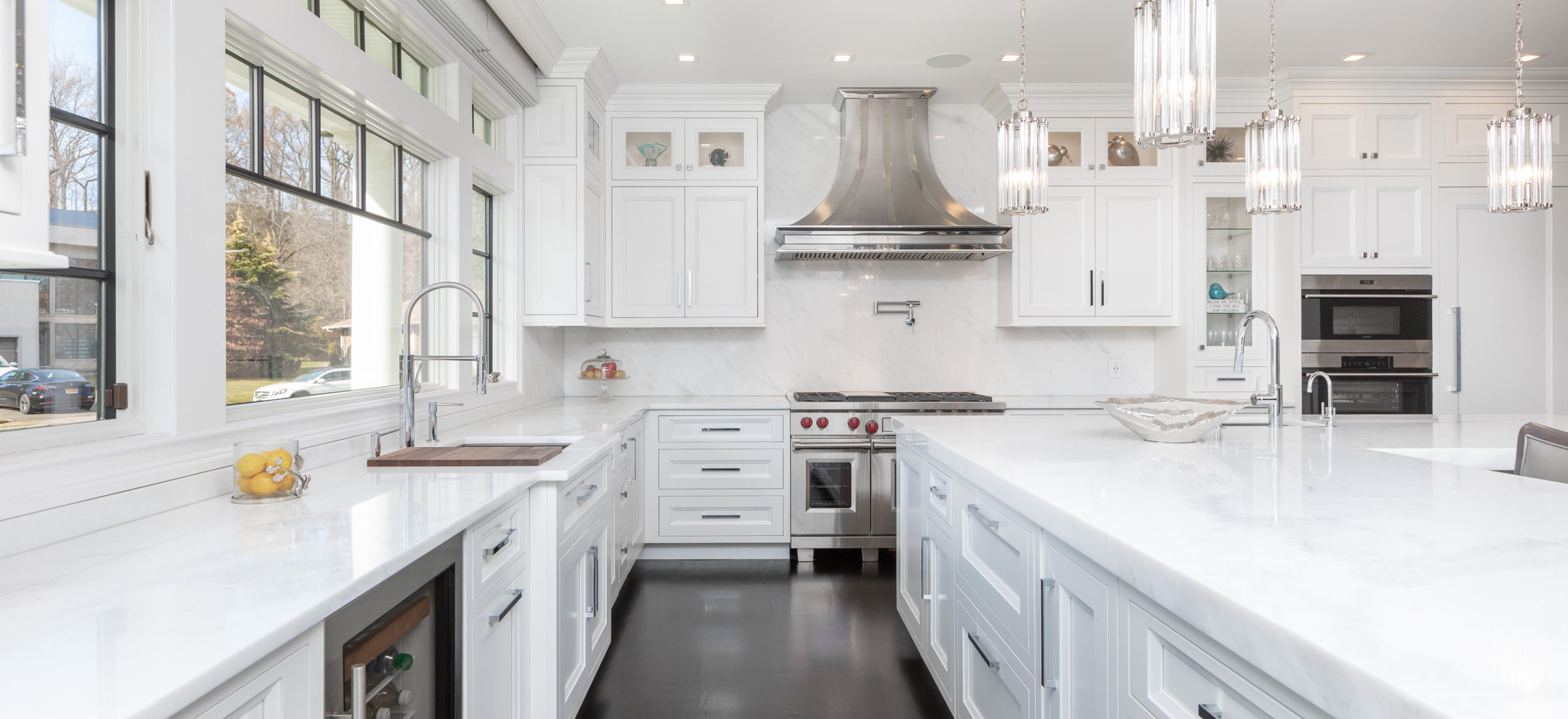 gray marble on white kitchen island